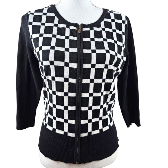 White House Black Market Checked Zippered Cardigan Sweater in Medium - Picture 2 of 8